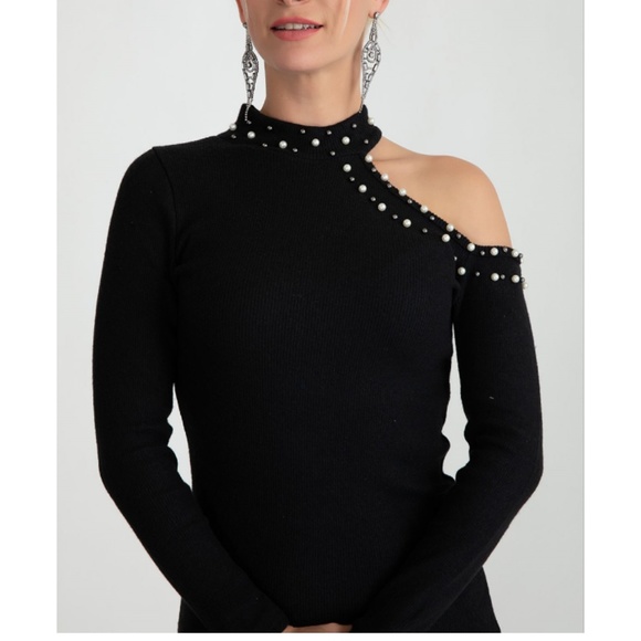 Dresses & Skirts - Heathered Black Beaded Cold Shoulder Midi Dress